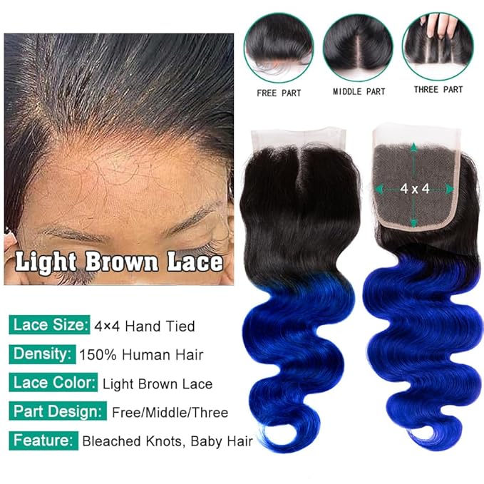Blue Bundles with 4x4Closure Human Hair Brazilan Body Virgin Blue Human Hair Ombre 3 Bundles Unprocessed Remy Hair Bundles for Women (141618+12 CL 1b/Blue)