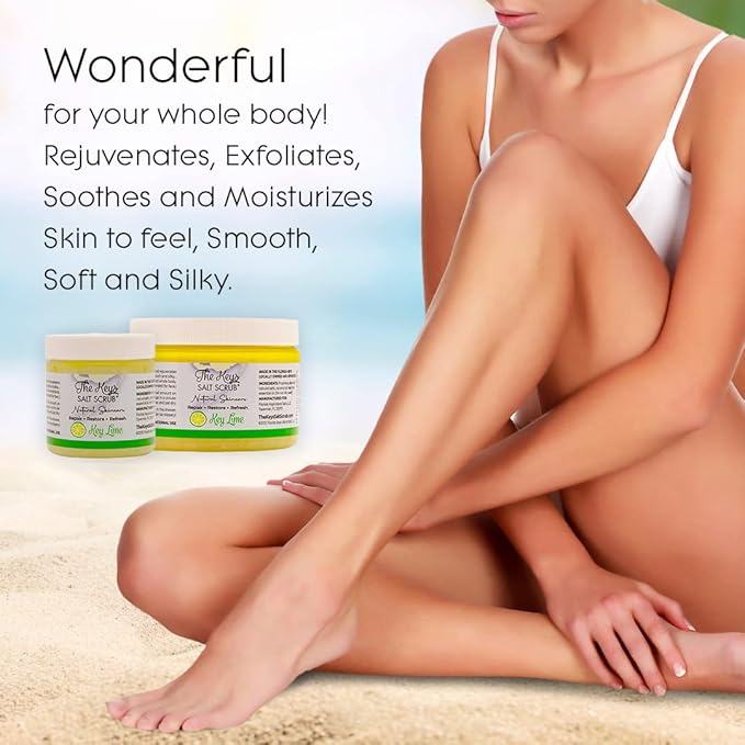 The Keys Sea Salt Body Scrub - Exfoliating With Wooden Spoon for Men, Women - Foot and Hand Scrub Made With Pure Florida Sea Salt, Organic Essential Oils & Nutrients (Key Lime, 3.4 oz)