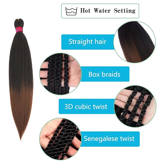 Pre-stretched Braiding Hair, Original Braid Hair Extensions, Hot Water Setting Crochet Hair Braids, Yaki Texture Easy Braiding Hair (24''-pack of 8, 1b/30)…
