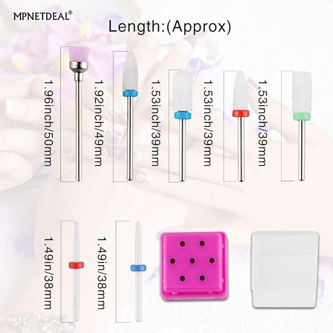 Ceramic Nail Drill Bits Set 7Pcs, Durable Less Dust, 3/32 inch for Acrylic Gel Nails Cuticle Manicure, Professional Acrylic Nail File Drill Bit