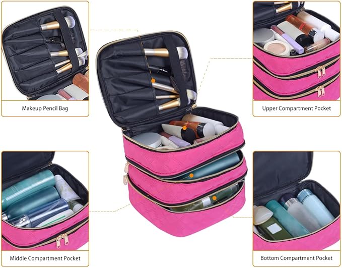 Three Layer Travel Makeup Bag Large Cosmetic Storage Organizer with Handle and Removable Divider (Wine)