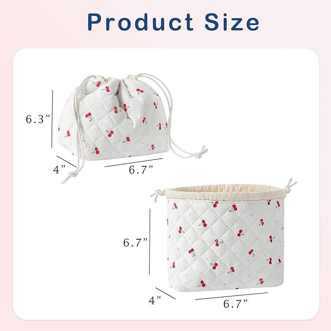Cotton Quilted Drawstring Makeup Bag with Canvas Lining,Coquette Aesthetic Cute Travel Toiletry Bag,Drawstring Gift Bag for Women and Girls(01Cherry)