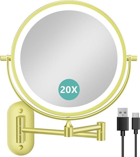 1X/20X Wall Mounted Makeup Mirror with Light, 8" Double-Sided Magnifying Mirror, 3 Color Lights Touch Dimmable Vanity Mirror with 360° Extension Rotation Foldable 14.5 Inch Arm for Bathroom