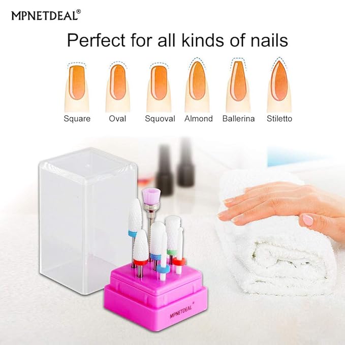 Ceramic Nail Drill Bits Set 7Pcs, Durable Less Dust, 3/32 inch for Acrylic Gel Nails Cuticle Manicure, Professional Acrylic Nail File Drill Bit