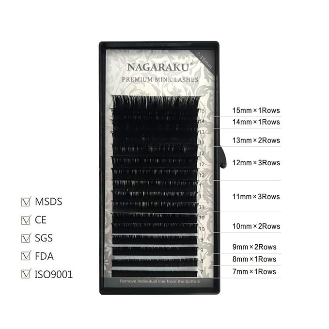 NAGARAKU Eyelash Extension Individual Lashes 0.10 L curl 7-15mm Mix Tray Classic Faux Mink 16 rows Matte Black Soft Natural