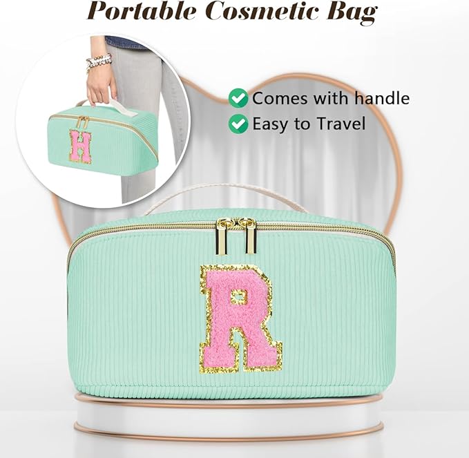 Gifts for Girls, Initial Travel Makeup Bag Women's Day Gift Make up Bag Cosmetic Bags Monther's Day Gifts, Personalized Stuff Bag Cute Makeup Bag Birthday Gifts for Women/Friend/Mother Green - U