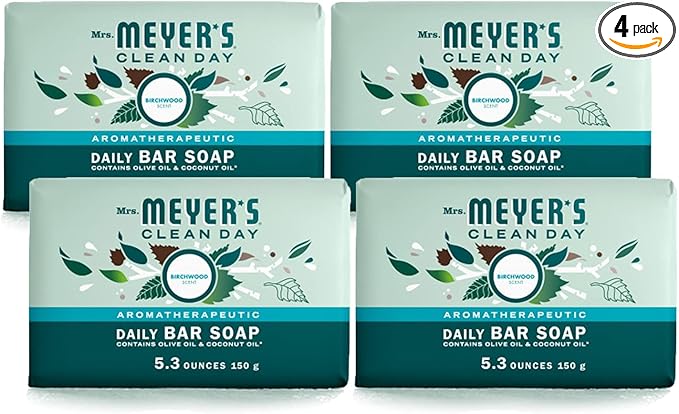 MRS. MEYER'S CLEAN DAY Bar Soap, Use as Body Wash or Hand Soap, Made with Essential Oils, Birchwood_, 5.3 oz, 4 Bars