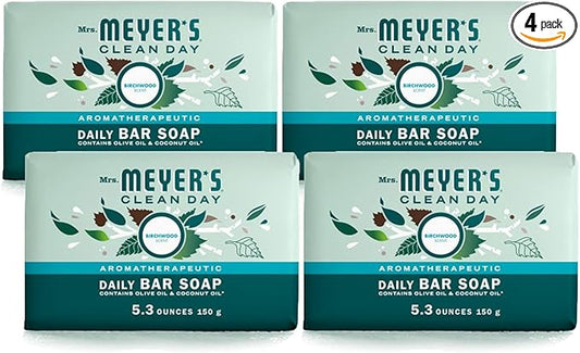 MRS. MEYER'S CLEAN DAY Bar Soap, Use as Body Wash or Hand Soap, Made with Essential Oils, Birchwood_, 5.3 oz, 4 Bars