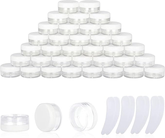 100PCS 3 Gram Sample Containers, 3ml Empty Jars with Lids, Small Cosmetic Containers, Mini Sample Jars with 8PCS Mini Spatulas for Make Up, Oils, Lotion, Powder, Paint, Jewelry, Lip Balms(White Lid)