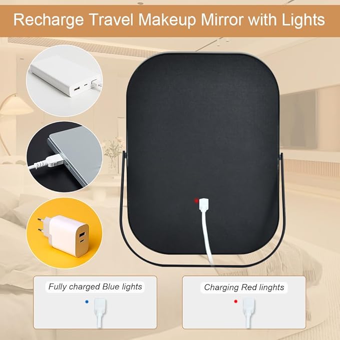 Travel Mirror with Lights, Small LED Makeup Mirror with Lights,Portable Desk Mirror 1200mAh Battery,3 Color Modes,Dimmable Touch Screen, Tabletop Folding Compact Mirror,Women Gift
