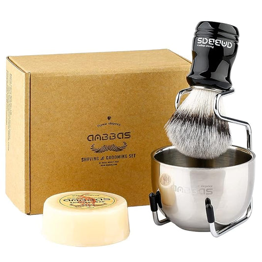 Anbbas Synthetic Badger Hair Shaving Brush,Stainless Steel Shaving Stand and Bowl,Goat Milk Shaving Soap 100g for Men Wet Shave Kit