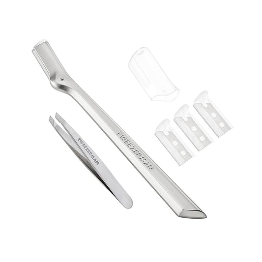 Tweezerman Eyebrow Razor and Mini Tweezer Set with 3 Replacement Blades and Safety Cap (Stainless Steel)