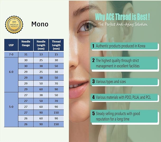 ACE PDO thread lift KOREA face/whole body - Mono Type (100pcs) - 11 sizes (30G25)