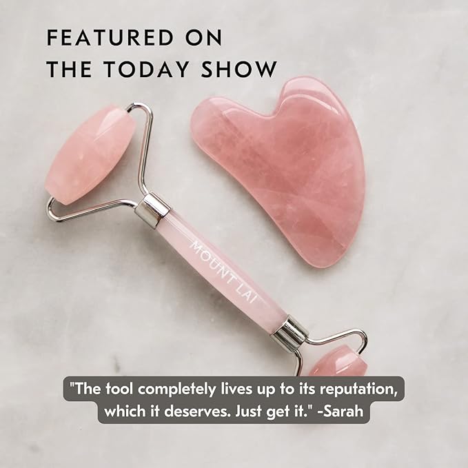 Mount Lai Rose Quartz Facial Spa Set, Rose Quartz Roller and Gua Sha Facial Tools Set, Guasha Tool for Face to Relieve Muscle Tension and Reduce Puffiness, Anti Aging Skin Care Sets for Women