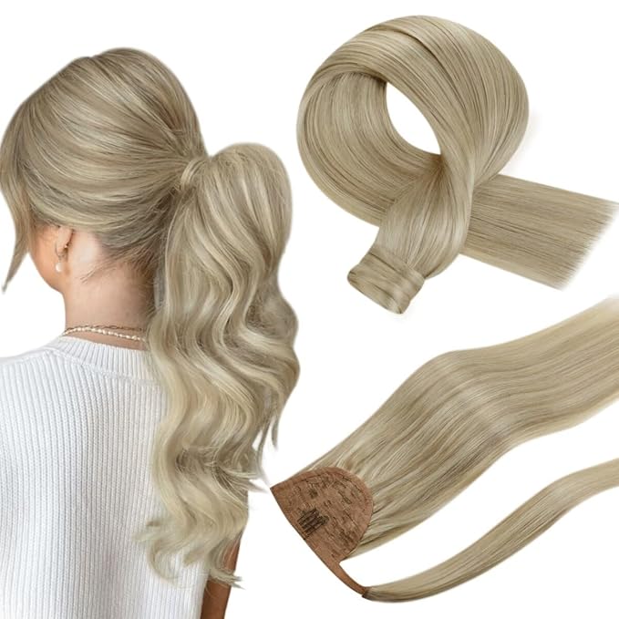Hetto Blonde Ponytail Human Hair Ponytail Highlight Light Blonde #17/23 12 Inch Straight Wrap around Pony Tail Hair Extension 70g/Set
