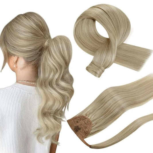 Hetto Blonde Ponytail Human Hair Ponytail Highlight Light Blonde #17/23 12 Inch Straight Wrap around Pony Tail Hair Extension 70g/Set
