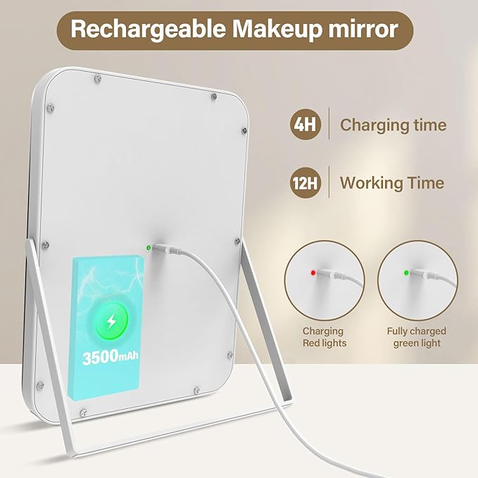 14.5" Rechargeable Vanity Mirror with Lights, 3500 mAh Lighted Makeup Mirror, Smart Touch 3 Colors Dimmable, Tabletop Mirror for Makeup Desk, Memory Function