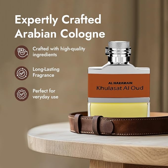 Al Haramain Khulasat Al Oud - Cologne for Men - Long Lasting Arabian Perfume for Men - Oud Eau de Parfum Fragrances - 3.3 oz