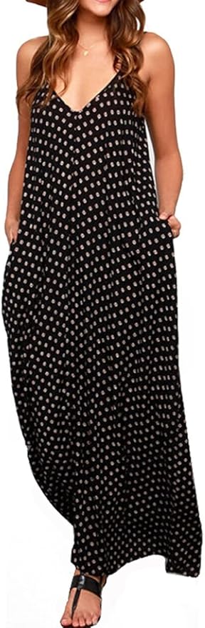 LILBETTER Women V-Neck Polka Dot Print Spaghetti Strap Boho Long Maxi Dresses