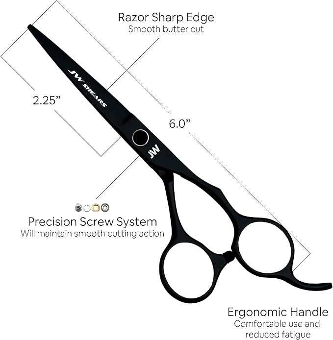 JW Shears Professional Hairdressing Shear, Thinner, Razor and Case Set (6.0" Black)