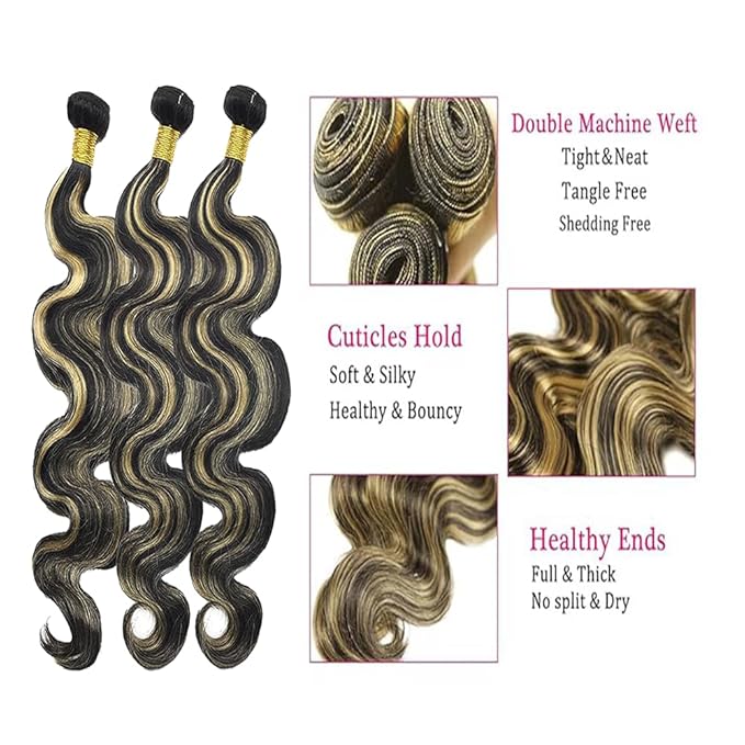 Highlight P1B27 Body Wave Bundles Human Hair #1B Mixed With #27 Body Wave Human Hair Bundles two tone Brazilian Human Hair Extensions Weave Wet and Wavy for Black Women 12 14 16 Inch