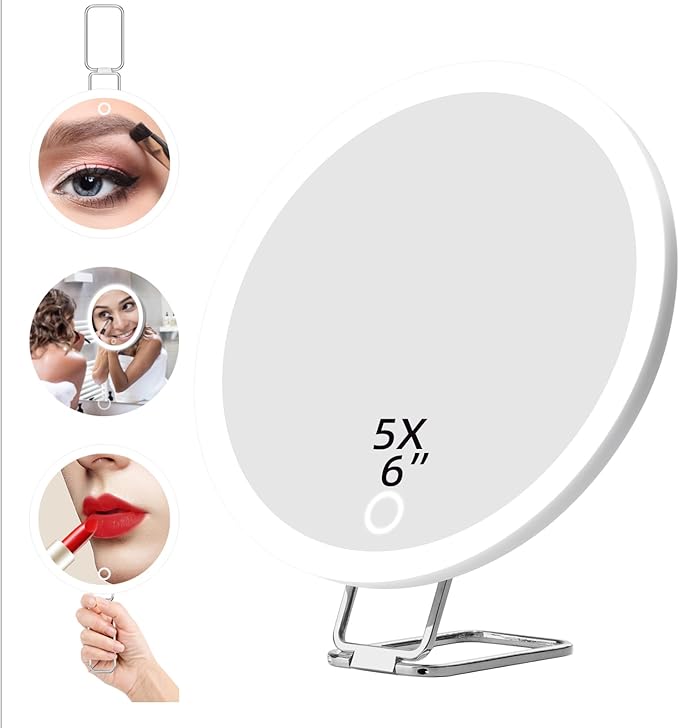 5X Magnifying Mirror With Light, 3 Color Modes Dimmable Large 6'' Lighted Mirror With Suction Cups & Table Stand, Travel Magnifier With Tweezers & Scissors