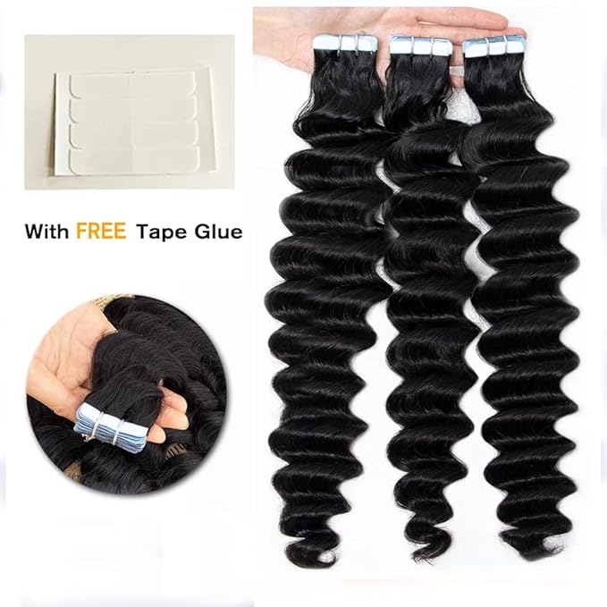 Curly Tape in Hair Extensions Human Hair for Black Women Seamless Skin Weft Invisible Tape in Hair Extensions Double Sided Deep Wave 16 Inch 50G 20pcs/set Curly Wavy Remy Hair Natural Color