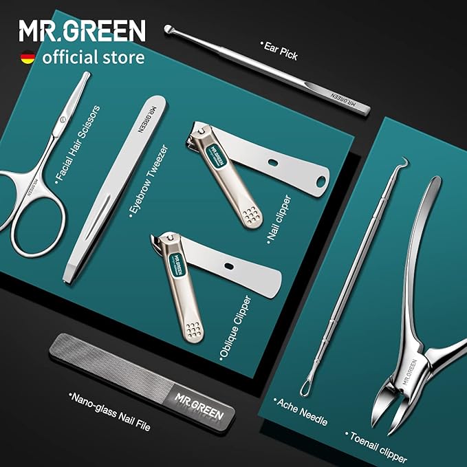 MR.GREEN Manicure Sets Pedicure Kits Stainless Steel Nail Clipper Personal Care Tools with PU Leather Case (Gray)