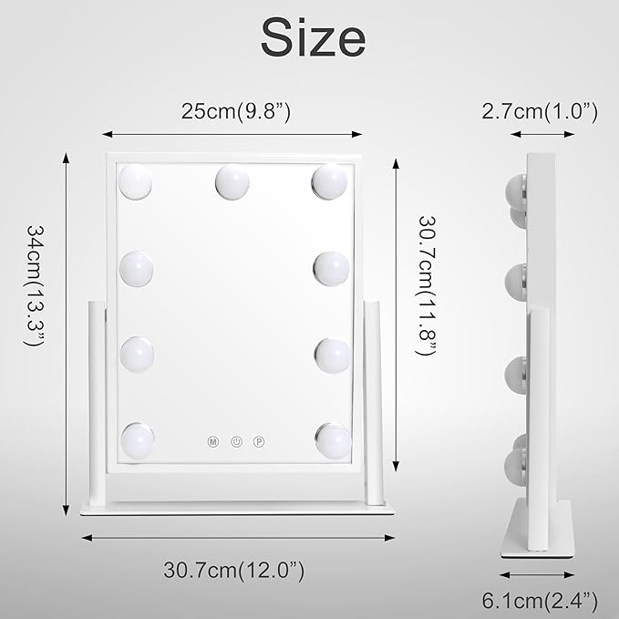 10" x 12" Vanity Mirror with Lights, 360°Rotation Tabletop Makeup Mirror with 9 LED Lights Bulbs, Portable Travel Mirror with 3 Color Lighting Modes, Mirror with Lights for Bedroom, White