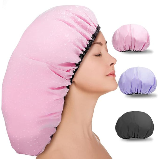 3 Pcs 16.5" Super Extra Large Shower Cap - Reusable Dual Waterproof for Women, Jumbo Satin Lined for Braids & Long Hair, XXL Adjustable for Locs Dreadlocks Music