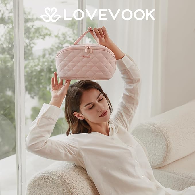 LOVEVOOK Travel Makeup Bag for Women, 2Pcs Set Puffer Waterproof Cosmetic Organizer, Large Capacity Pouch Open Flat Toiletry Bag with Divider & Handle, Portable Gift for Her, Pink