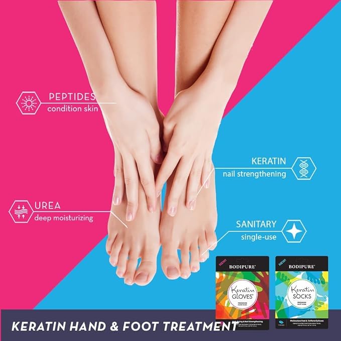 Bodipure Premium Keratin Gloves and Socks Bundle - Nail Strengthening Hand Masks and Moisturizing Foot Masks - 12 Hand Glove Pairs and 12 Sock Pairs
