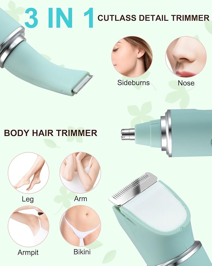 Bikini Trimmer for Women,3-in-1 Painless Electric Razors & Shaver Nose,IPX7 Waterproof,Body Hair Trimmer for Underarm/Pubic/Nose/Legs,USB-C Rechargeable Women's Grooming Kit(Green)