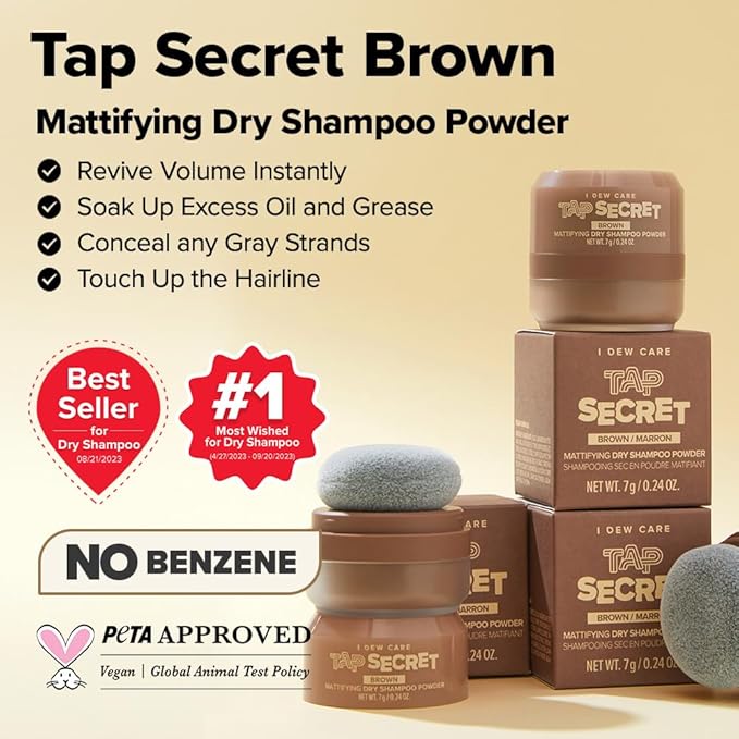 I DEW CARE Biotin Clarifying Dry Shampoo - Tap Secret Brown | Strengthening & Volumizing, Powder Type, Refillable, Travel size, Non-aerosol, Brunette, Korean Ginseng, Mother's Day, 0.24 Oz