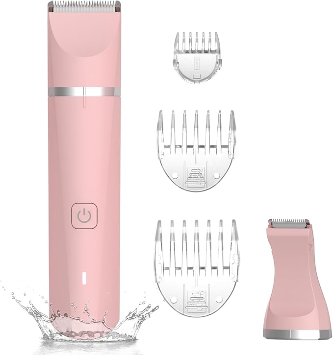 Bikini Trimmer for Women - 2 in 1 Electric Lady Pubic Hair Private Area Legs Arms Removal Personal Elecrtric Razor Shaver Rechargeable with Snap-in Ceramic Blades, Wet and Dry Use,Pink