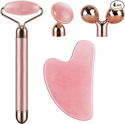 4-in-1 Face Massager and Gua Sha Set for Women, Rose Quartz Face Roller Skin Care Tools Electric Eye Massager Tool for Face Skin Roller