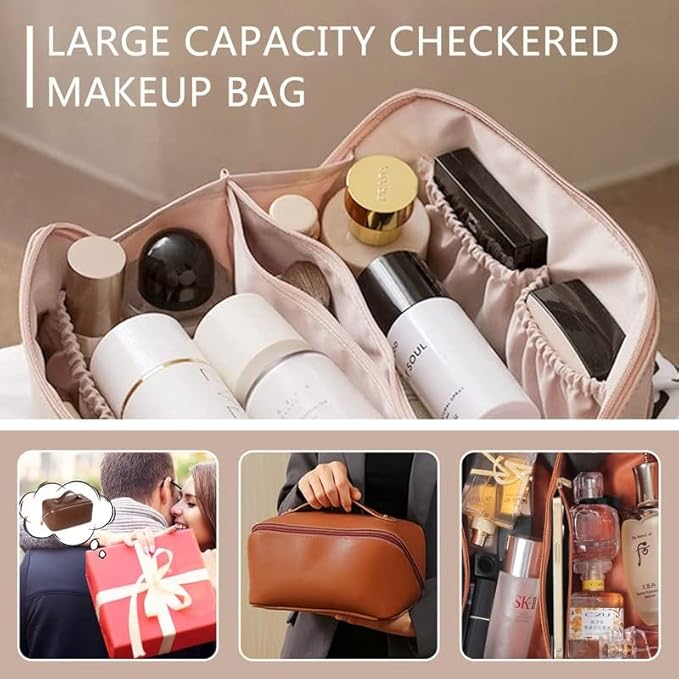 Large Capacity Waterproof Travel Cosmetic Bag - PU Leather - Brown Light