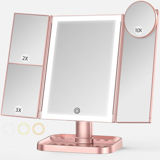 Makeup Mirror with Lights, 3 Color Lighting, Lighted Makeup Mirror, 10x 3X 2X Magnification, Vanity Mirror with 72LEDs, Touch Control, Dual Power Supply, Female Gift(Rose Gold)
