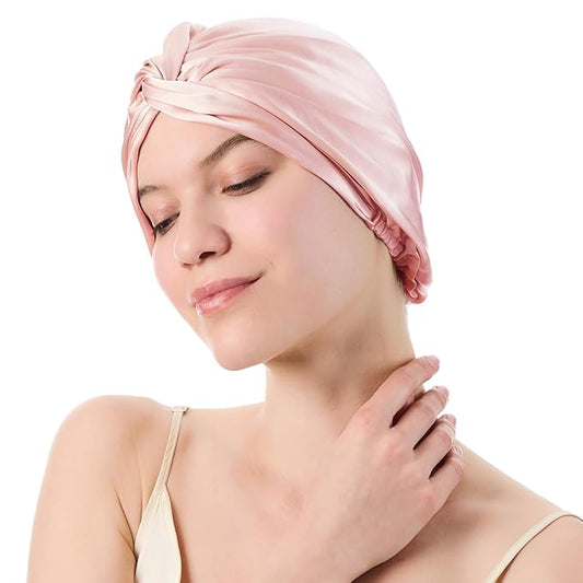 Silk Bonnet for Sleeping Women, 100% Mulberry Silk Sleep Cap with Elastic Band, Real Mulberry on Both Sides, Pink