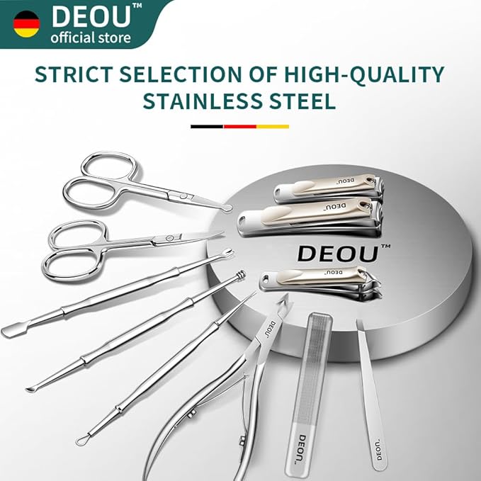 DEOU Professional Nail Set 11 in 1 stainless steel home care nail clippers, men's luxury travel leather storage box, women's beauty kit (Pink)