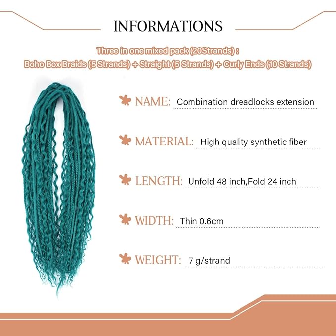 24 Inch Double Ended Dreadlock Extensions Sets, 20 Strands 3 In 1 Mixed Synthetic Dreads Extensions, Castleton Green Straight&Curly&Boho Handmade Dreads Hippie Style Dreadlocks for Woman