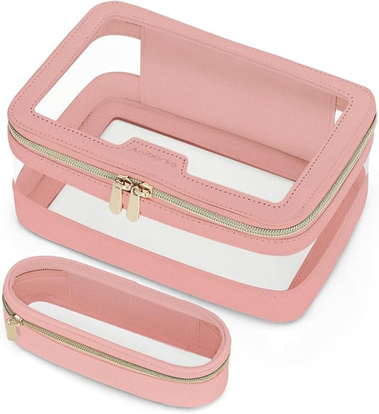 Clear Makeup Bag, Travel Clear Cosmetic Bag and Makeup Brush Bag, Transparent Portable Makeup Case, Waterproof Toiletry Bag with Zipper for Women, Pink