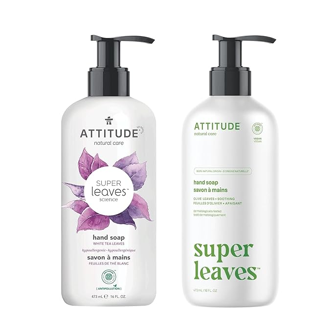 Bundle of ATTITUDE Liquid Hand Soap, EWG Verified, Plant and Mineral-Based, Vegan Personal Care Products, White Tea Leaves, 16 Fl Oz + Olive Leaves, 16 Fl Oz