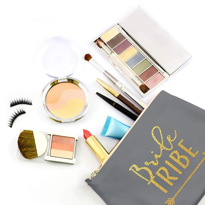 Heather & Willow 6 Piece Set | Bride Tribe Canvas Cosmetic Makeup Clutch Gifts Bag for Bridesmaid Proposal Box & Bridesmaids Bachelorette Party Favors (Grey)