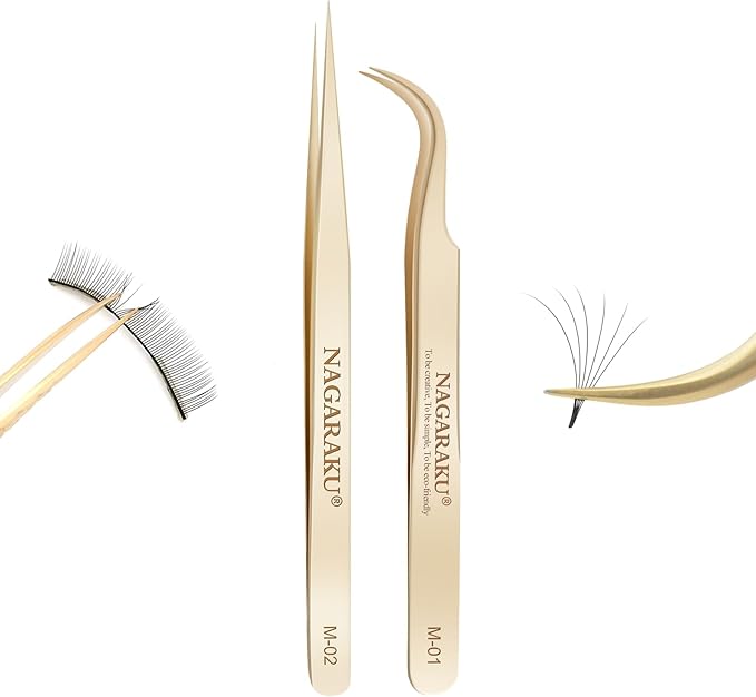 NAGARAKU Tweezers for Eyelash Extensions Straight and Curved Precision Professional Volume Easy Fanning lash Precise Point 1 Pair Tweezers for Lash(M-01 and M-02)