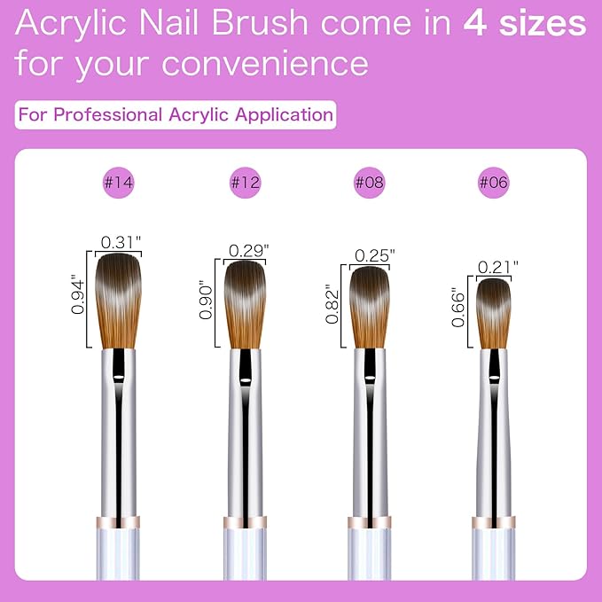 4Pcs Acrylic Nail Brushes Set, Kolinsky Acrylic Nail Art Brush, Art Design & Polish Mistake Cleaning Manicure Tools for Women Acrylic Application (Size 6 8 12 14)