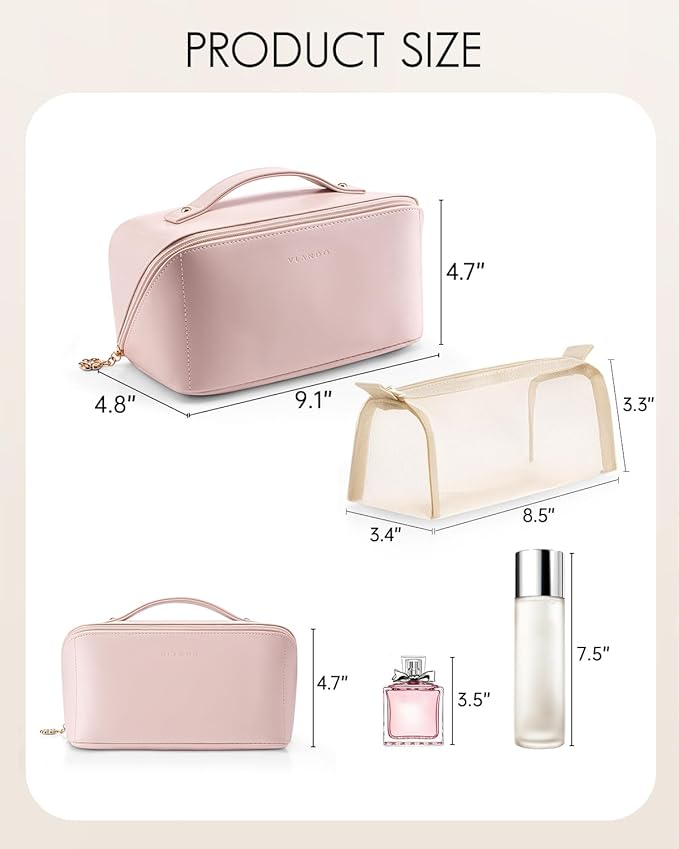 Vlando Travel Makeup Bag,Toiletry Bag for Women Waterproof Portable Makeup Organizer Bag with Divider and Handle for Travel Essentials,Gifts for Her-Pink