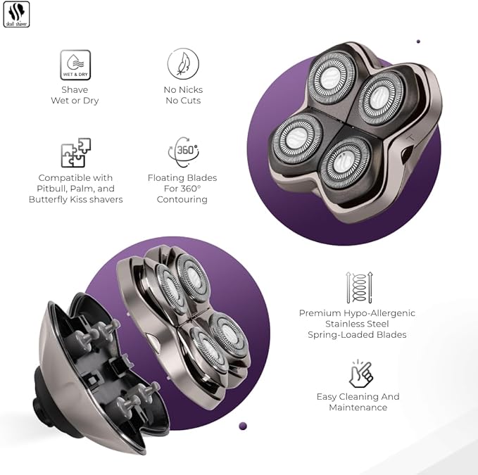 Skull Shaver Forte PRO 4 Head Replacement Blade for Pitbull, Butterfly kiss pro & Palm Shavers - Best Electric Shaver & Head Shaver Blade, Smooth Shave with Less Irritation