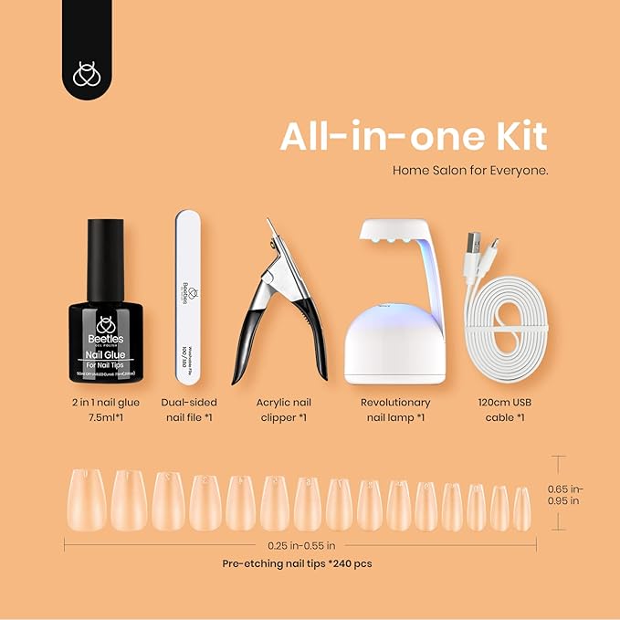 Beetles Gel Polish Nail Extension Kit,240 Pcs Pre Shaped Short Coffin Nail Tips Full Matte Gelly Tips&5 in 1 Nail Glue Base Coat Innovative Uv Led Lamp for DIY Easy Home Manicure Gift