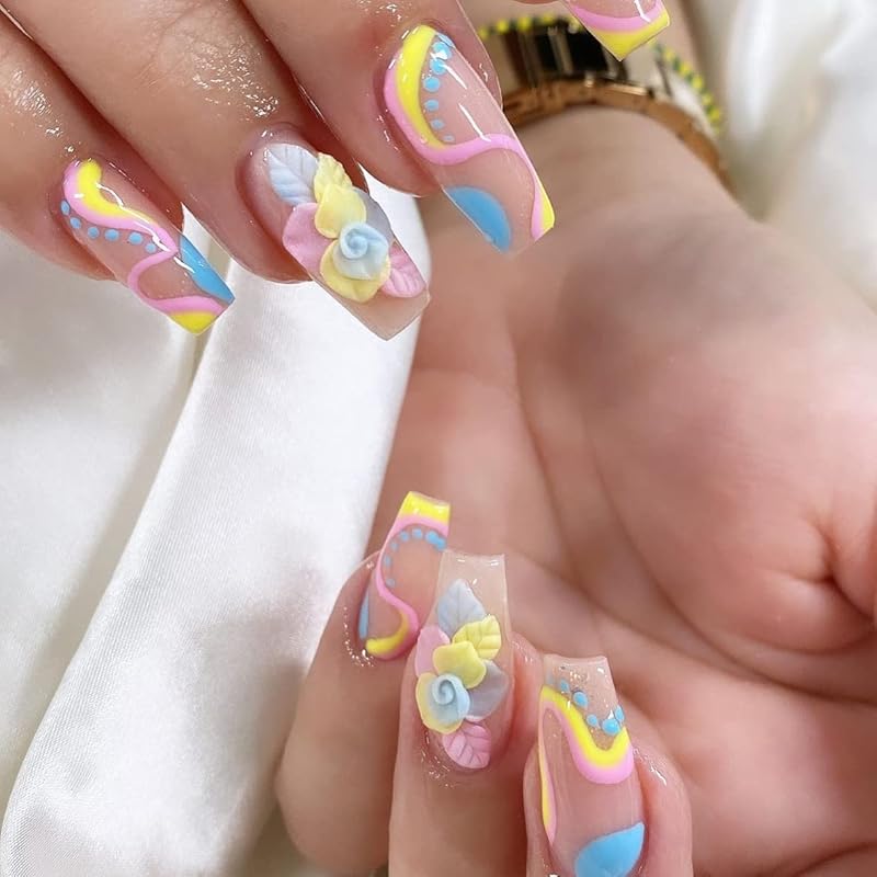 3D Acrylic Pastel Flower Nail Art Charms Handmade by Acrylic Powder - 24pcs 3D Flowers Nail Rhinestones Kit 3D Crystal Nail Pearls Design Acrylic Nail Art for Women (Pastel)